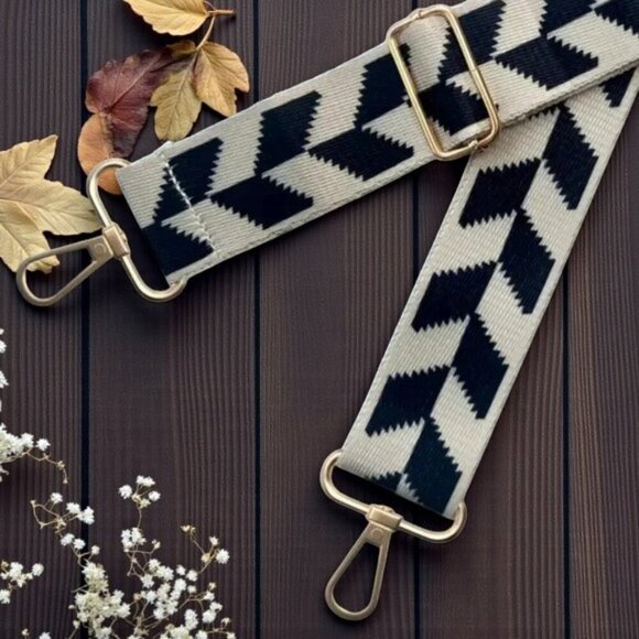 ποΈBlack & Beige Adjustable Geometric Print Purse Strap | Crossbody Replacement - Picture 8 of 10